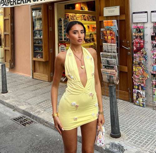 Yellow plunge flower beaded dress